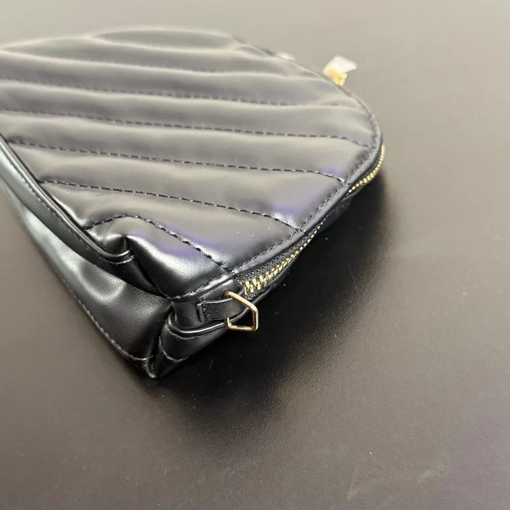 YSL Black Quilted Cosmetic Pouch Gold Logo Makeup Organizer Small Travel Bag NEW
